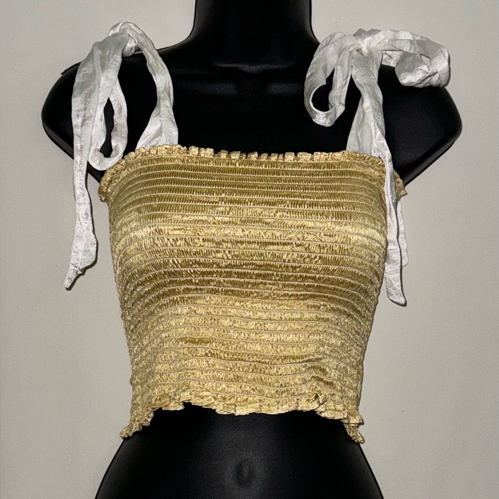 Shirred Mustard Green Koch Tube Top w. White Tie-able Satin Ribbon-like Straps